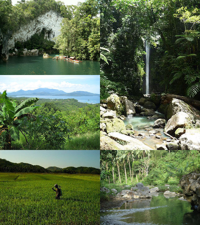 Montagnes, chutes d'eaux, campagnes et rizières aux Philippines.